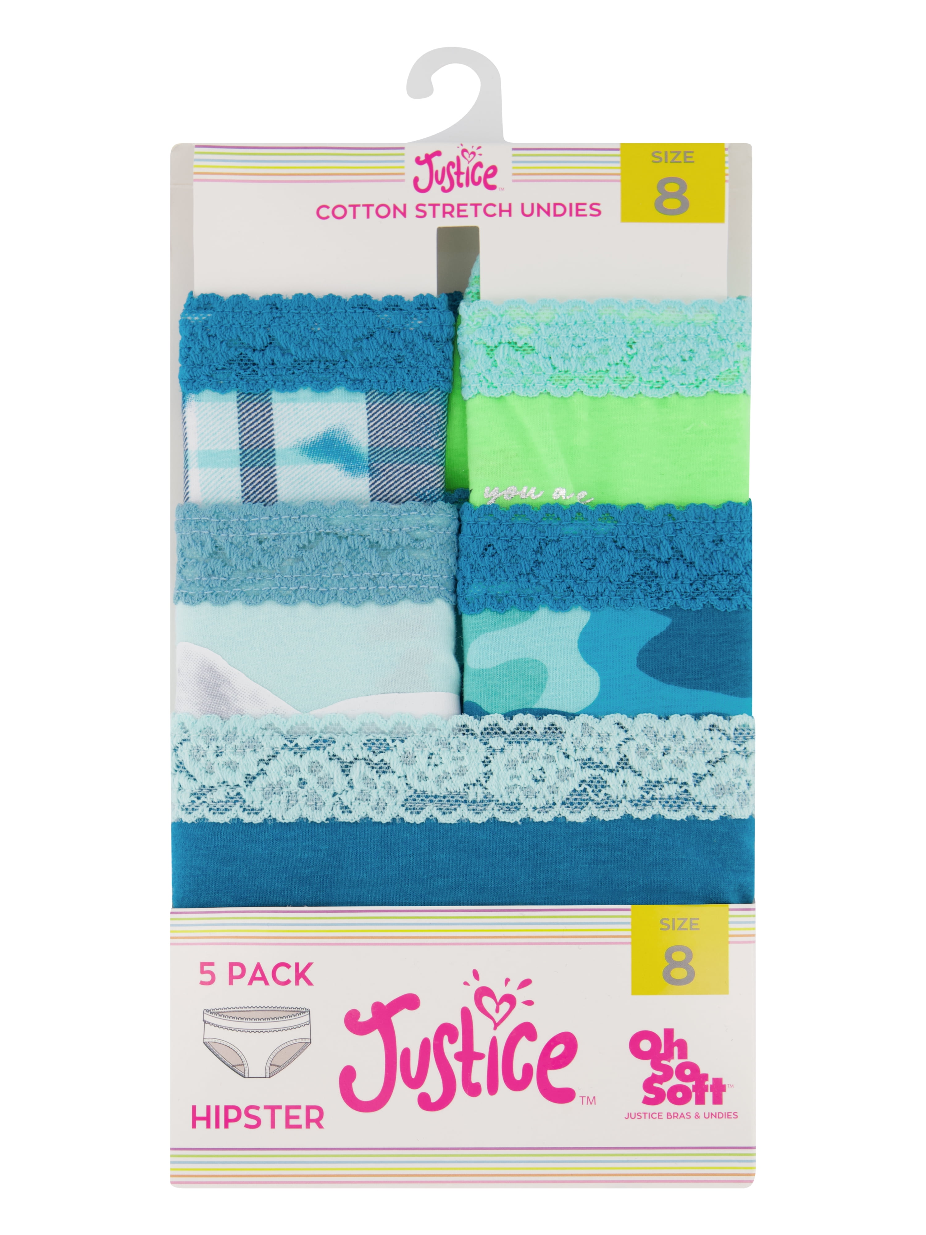 Justice Girls Oh So Soft Cotton Stretch Lace Waist 5Pk Hipsters Sz 6-16
