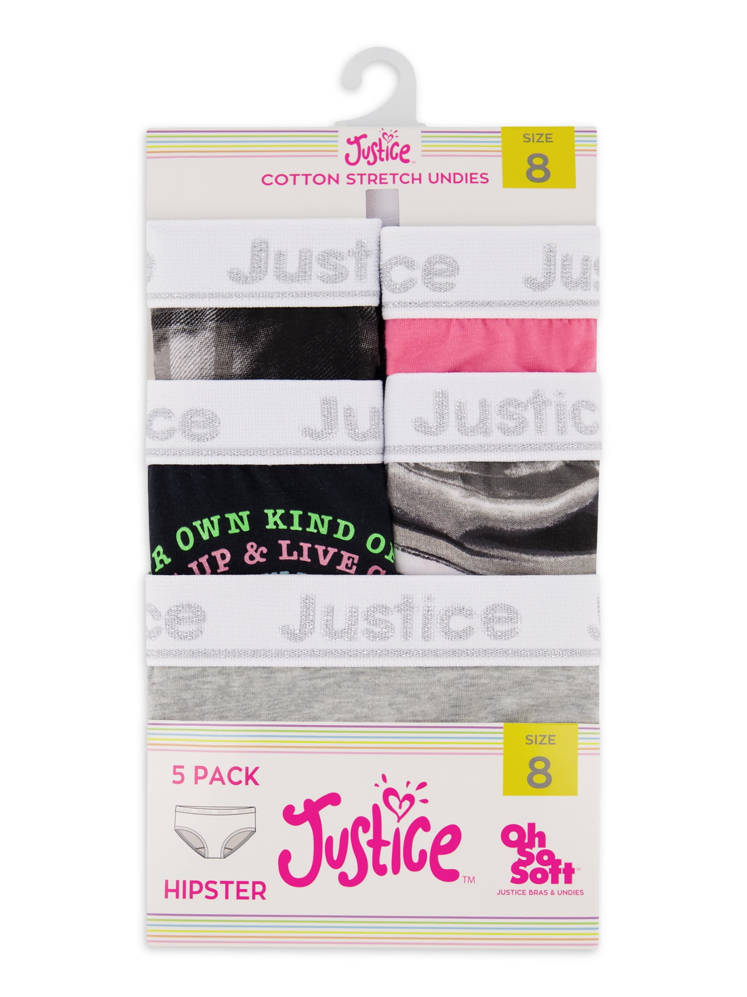 Justice Girls Oh So Soft Cotton Stretch Logo Elastic 5 Pack Hipster