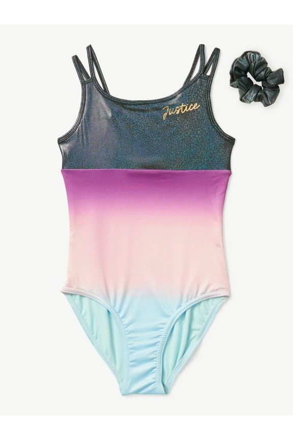 Girls Ombre Macrame Back Dance and Gymnastics Leotard with Scrunchie, Sizes XS-XL