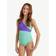 Girls One Piece Color Block Wrap Swimsuit, sizes XS-XL