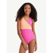 Girls One Piece Color Block Wrap Swimsuit, sizes XS-XL