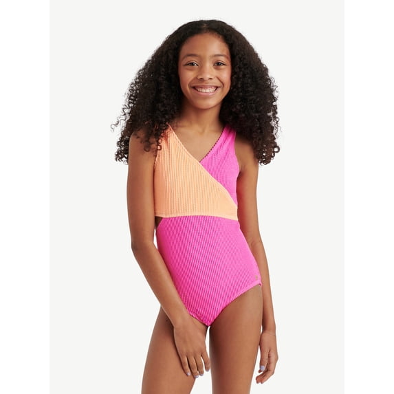 Justice Girls One Piece Color Block Wrap Swimsuit, sizes XS-XL