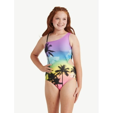 Justice Girls One Piece Cross Shoulder Cut Out Swimsuit, Sizes 5-18