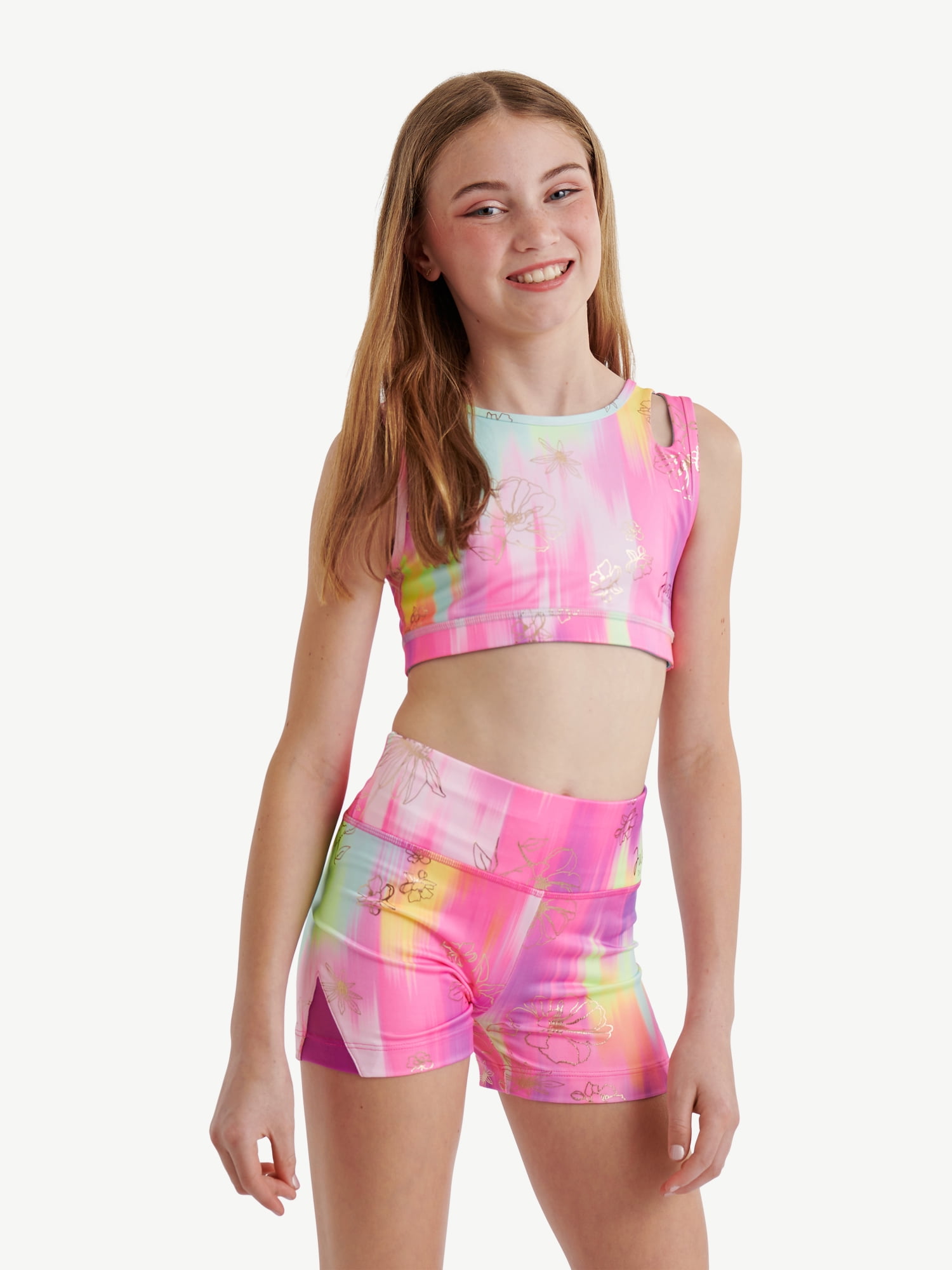 Justice Reversible Keyhole Teen Sports Bra for Girls with Paint Effect Print, Sizes XS-XL