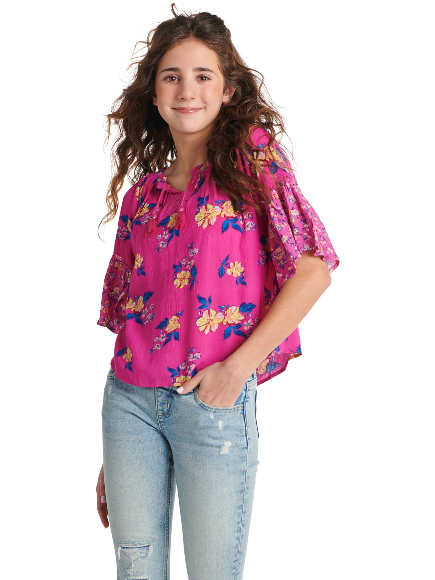Justice Girls Printed Notch Neck Flowy Peasant Blouse, Sizes XS(5/6