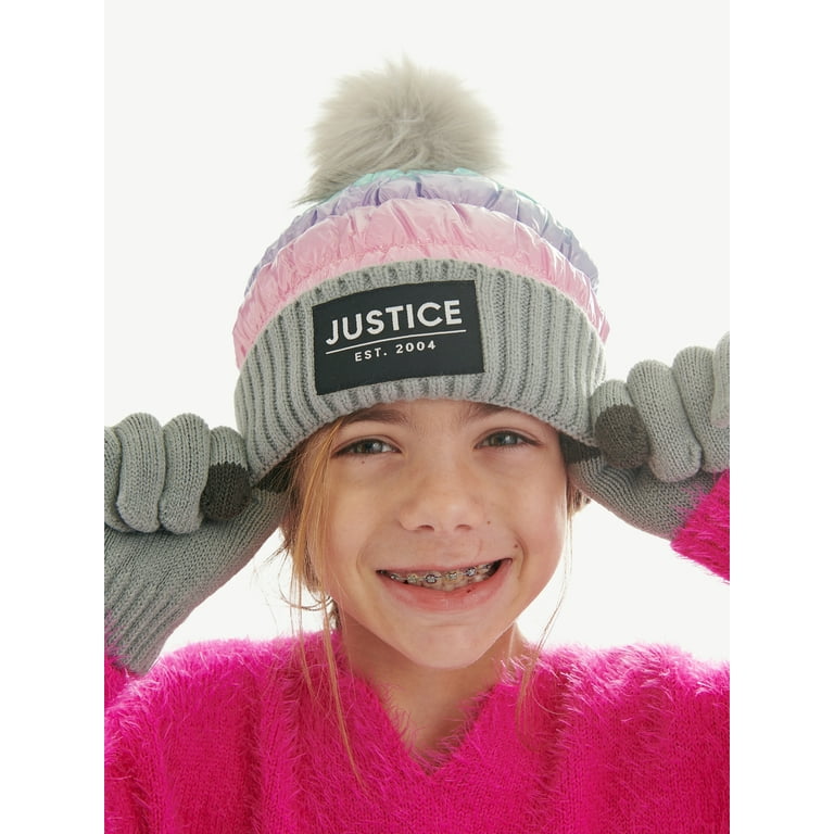Justice Girls Puffer Beanie Hat with Pom and Gloves 2 Piece Set