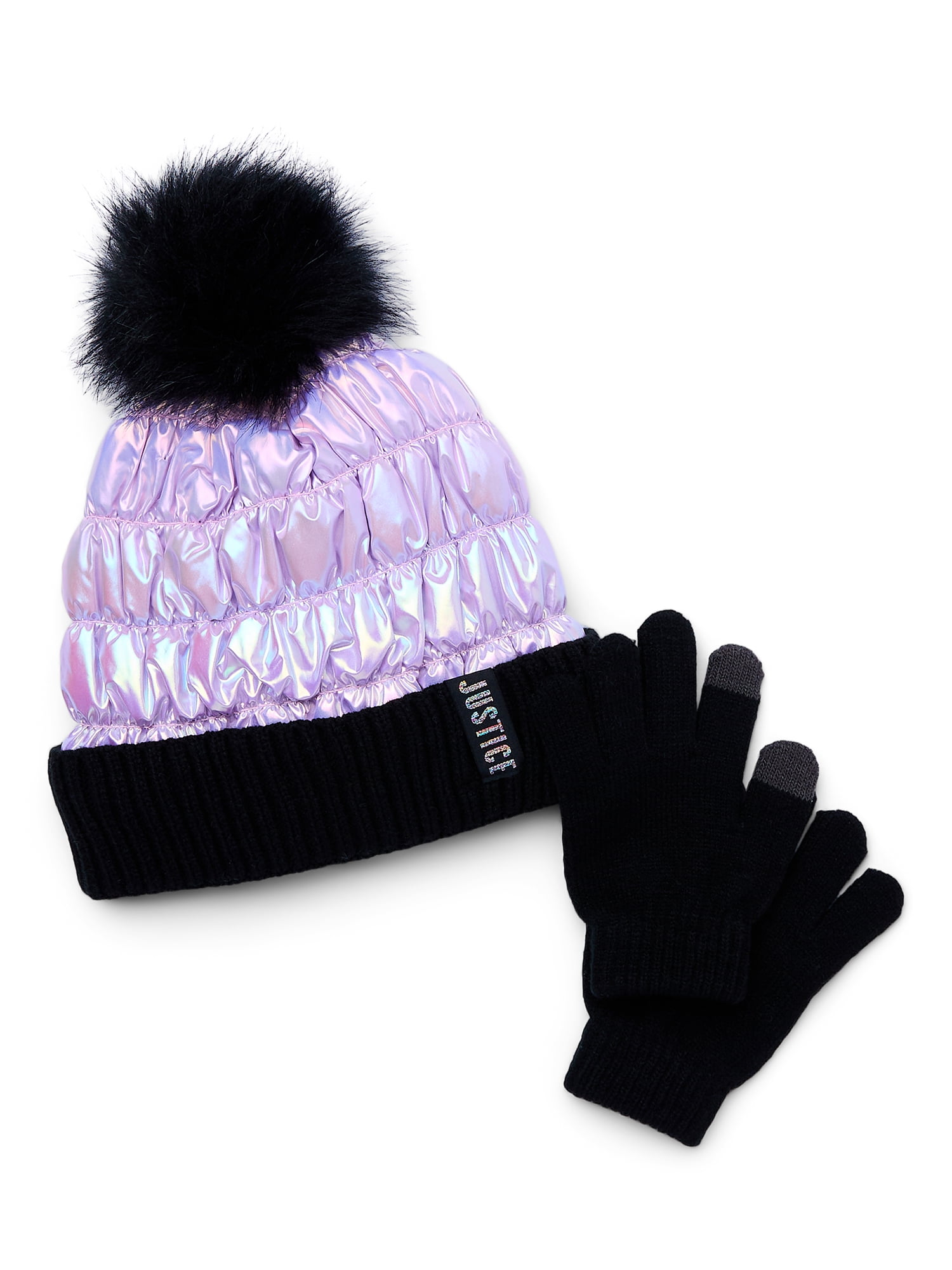 Justice Girls Puffer Hat and Winter Gloves 2 Piece Set Purple