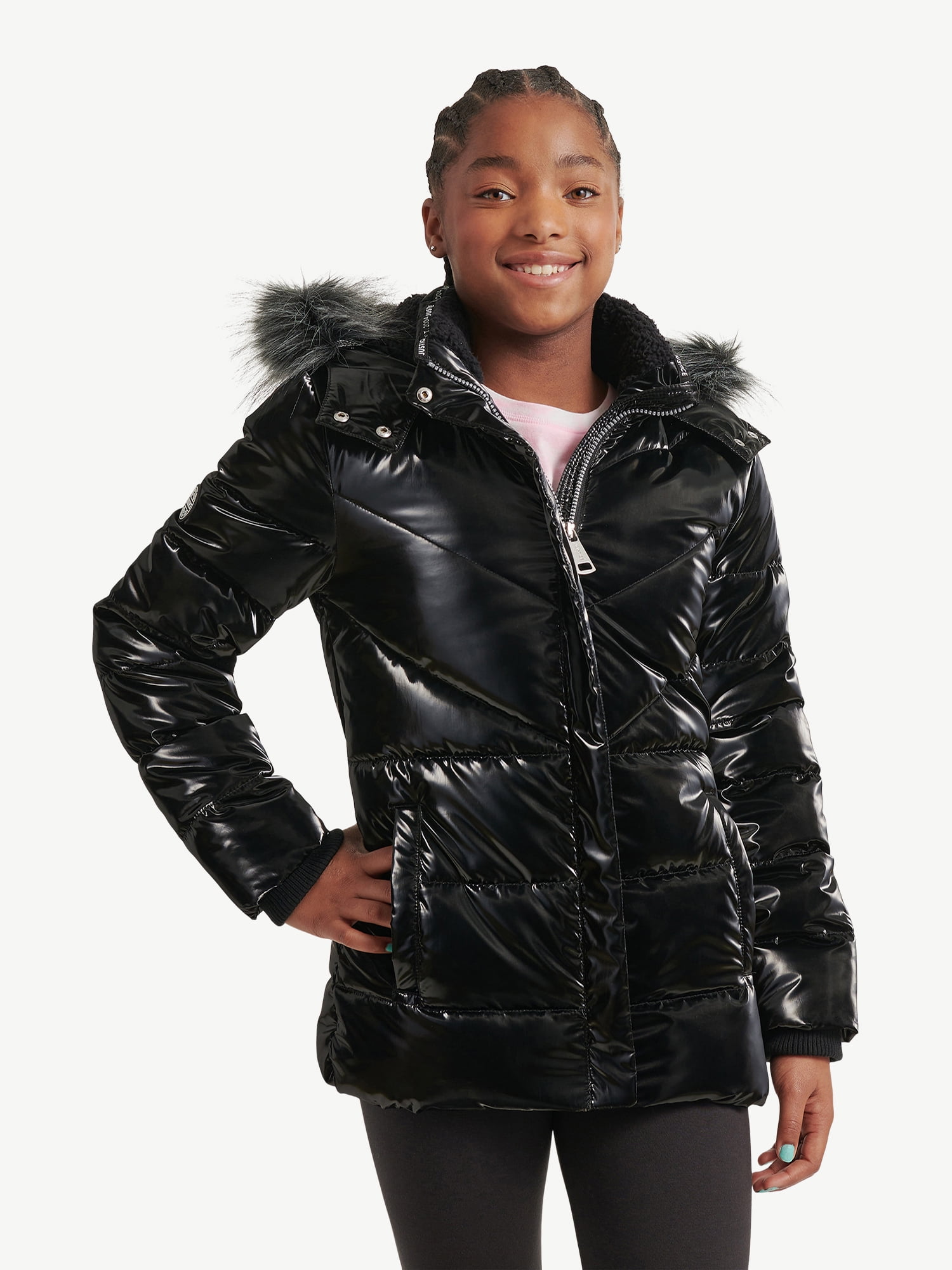 Justice Girls Puffer Jacket with Faux Fur Lined Hood, Sizes 5-18 ...