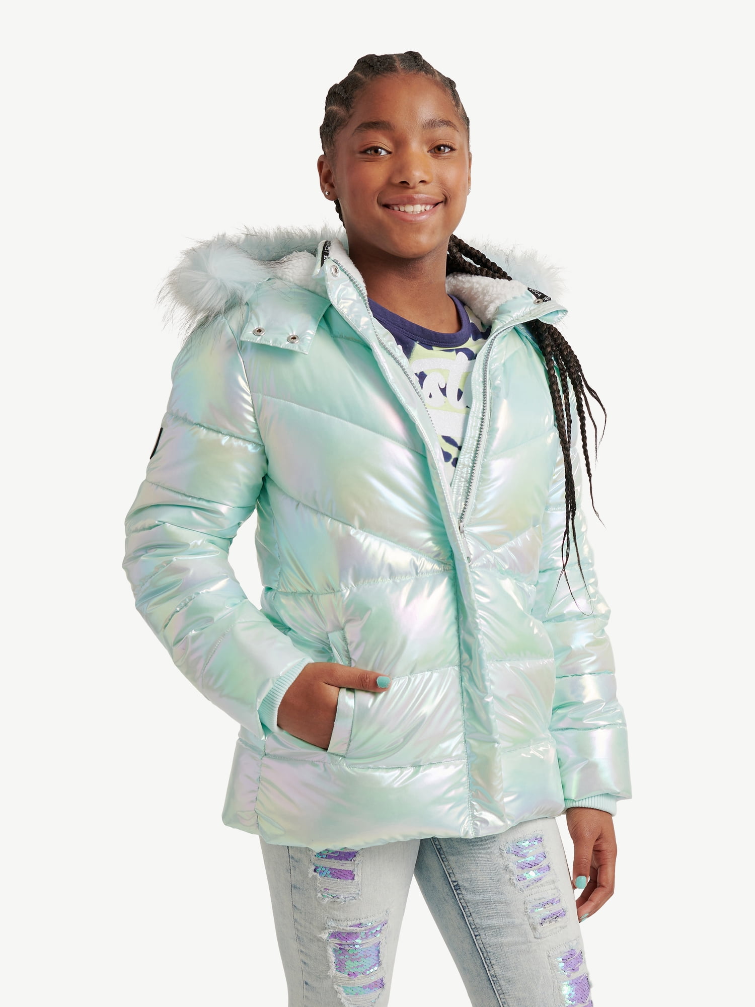 Justice Girls Puffer Jacket with Faux Fur Lined Hood, Sizes 5-18 ...