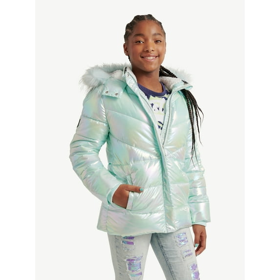 Justice Girls Puffer Jacket with Faux Fur Lined Hood, Sizes 5-18