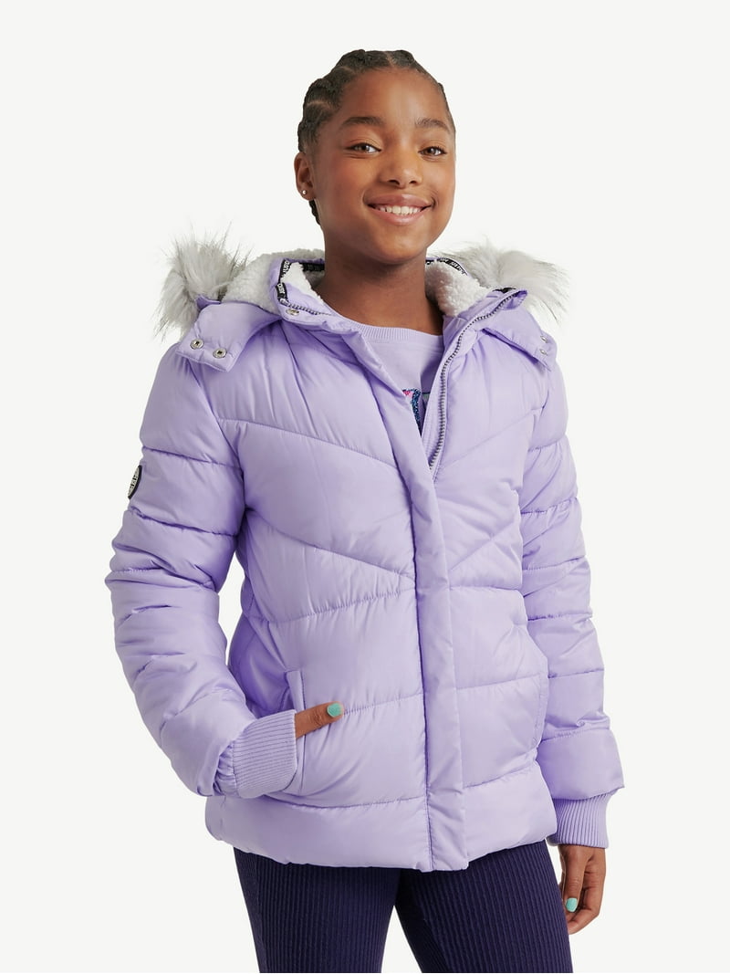 Justice Girls Puffer Jacket with Faux Fur Lined Hood, Sizes 5-18