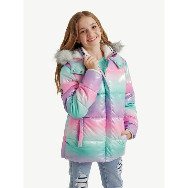 Justice Girls Puffer Jacket with Faux Fur Lined Hood, Sizes 5-18 ...