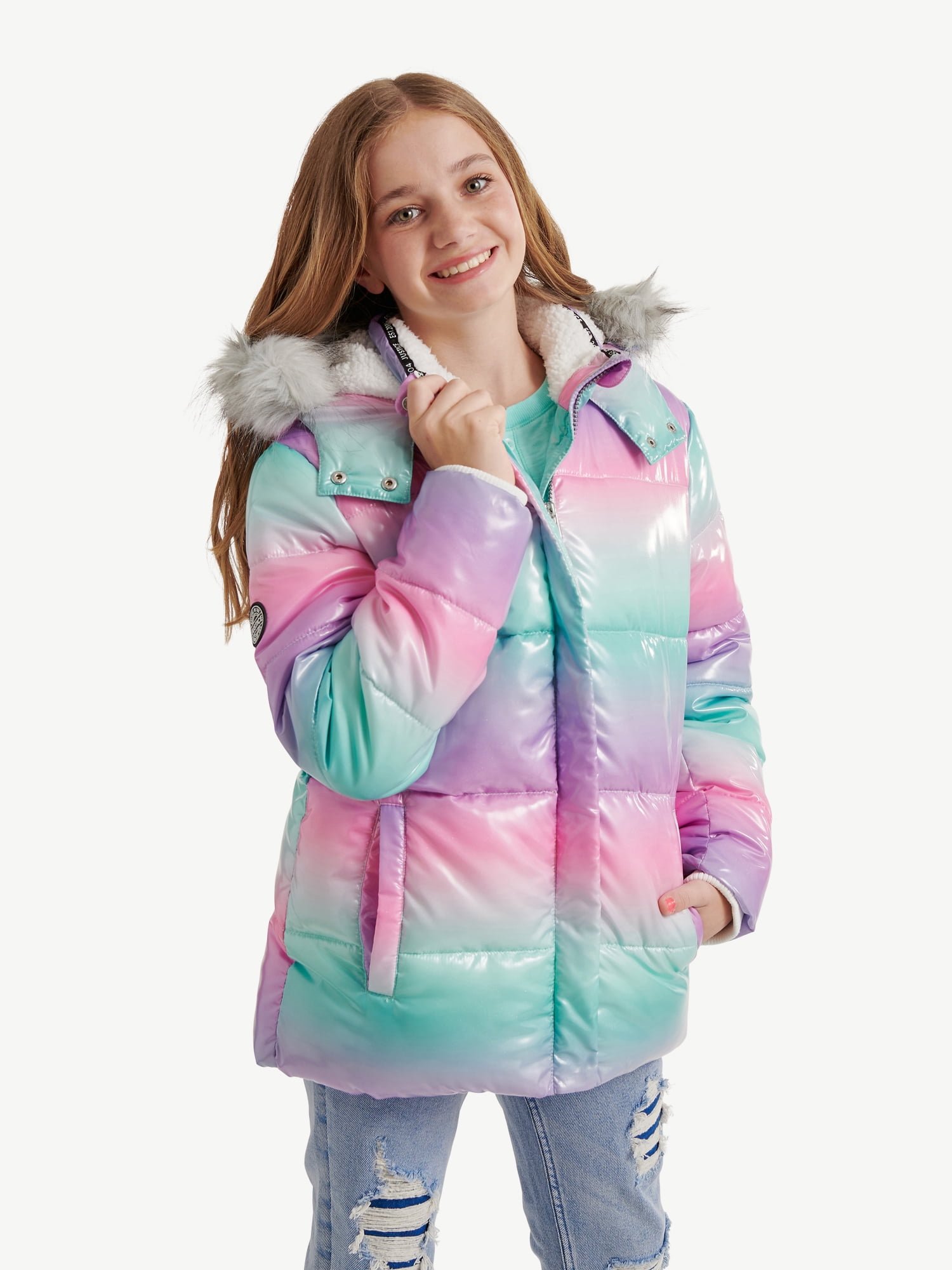 Shop Justice Girls Puffer Jacket with Faux Fur Lined Hood, Sizes 518