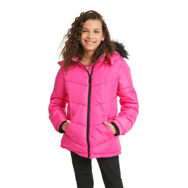 Pistachio Girls Quilted Puffer Jacket with Leopard Faux Fur Trim, Sizes ...