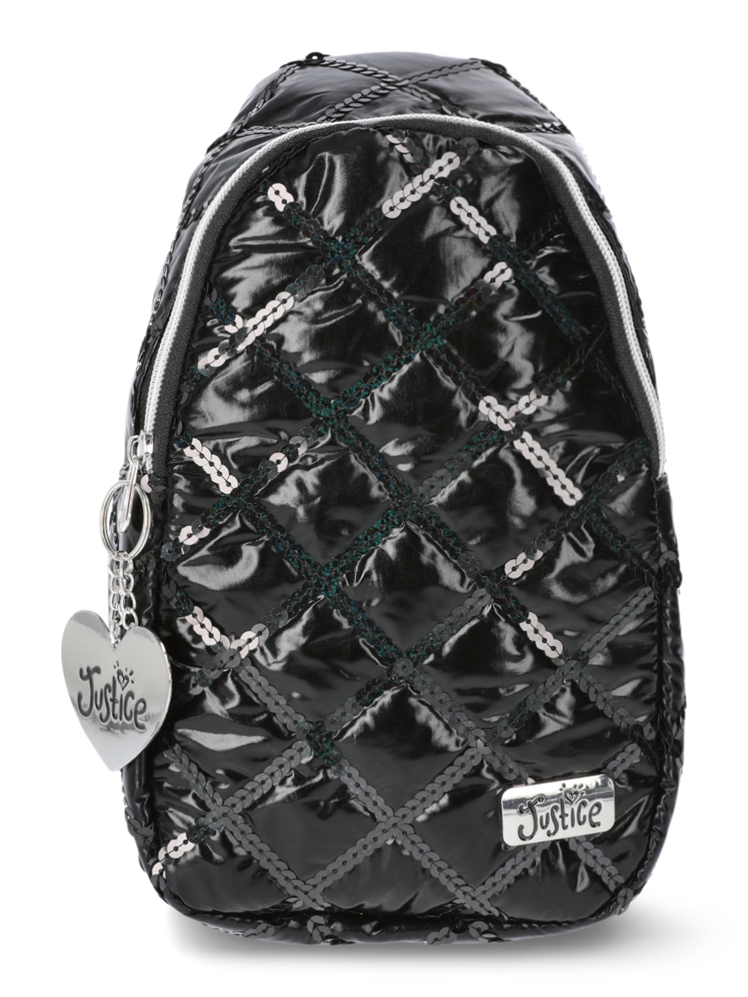 Justice Girls Quilted Sequin Sling Bag with Heart Keychain Black