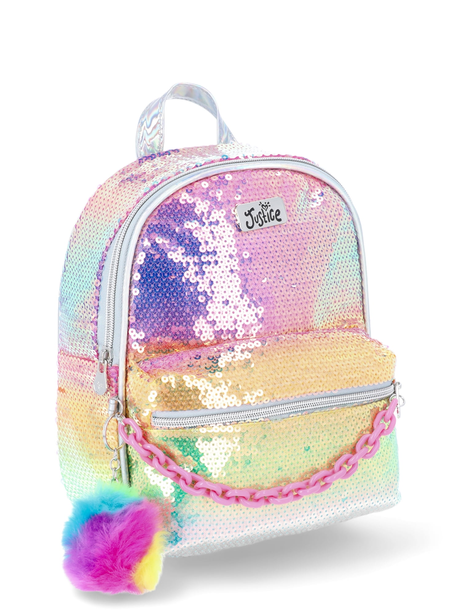 バッグ Rainbow3 Justice Girls' Rainbow Sequin Mini Backpack with Chain Detail and