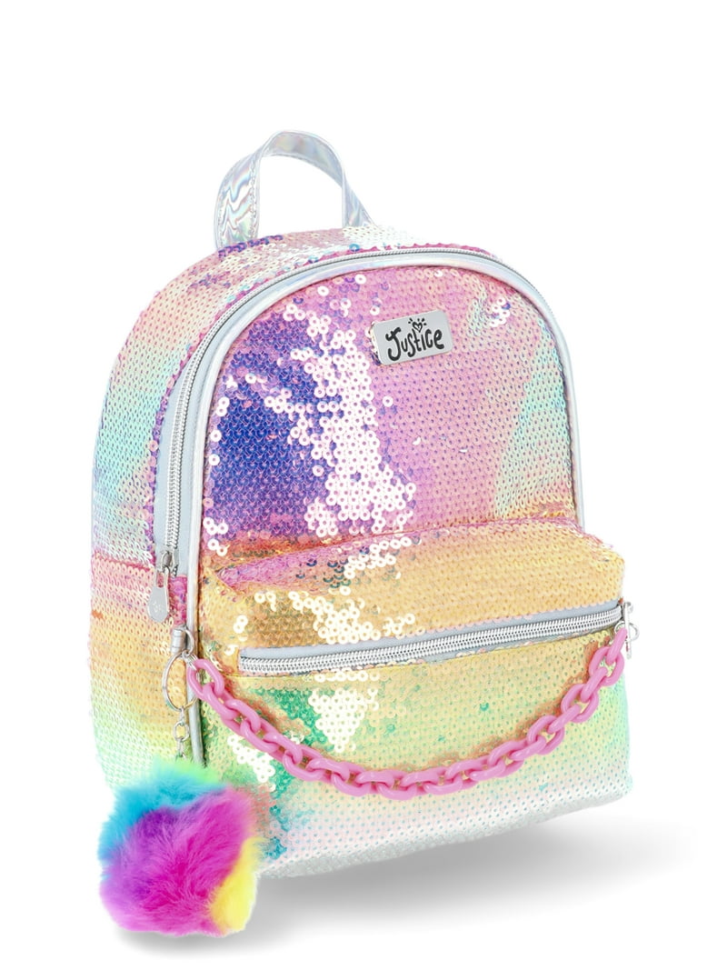 girls patch glitter rainbow mini backpack Justice Girls' Rainbow Sequin Mini Backpack with Chain Detail and Pom  Keychain