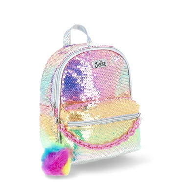 Justice Girls' Rainbow Sequin Mini Backpack with Front Chain Detail and Pom Keychain, Rainbow