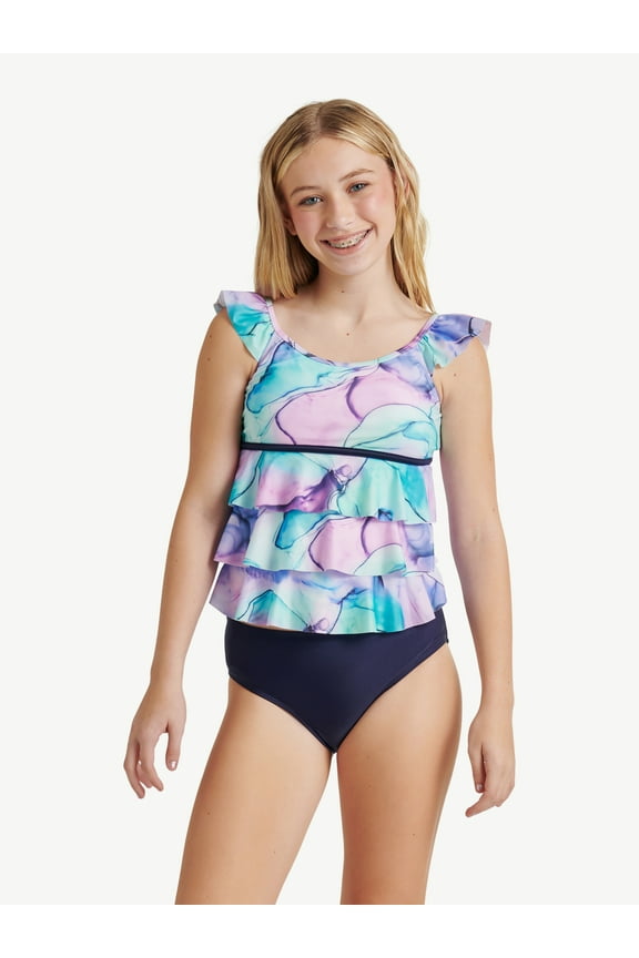 Girls Ruffle Tankini Top with Bikini Bottom 2-Piece Swimsuit, Sizes 5-18