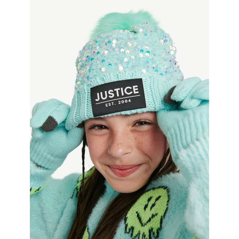 Justice Girls Sequin Beanie Hat Gloves Set with Pom 2 Piece Walmart