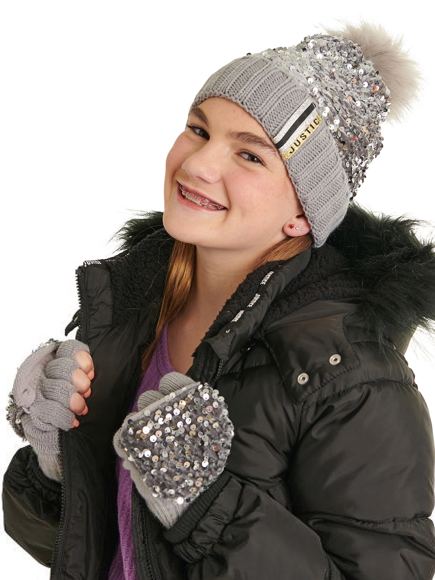 Womens Winter Knit Slouchy Beanie Pom Pom Hat Ski Cap with Fingerless  Gloves Set