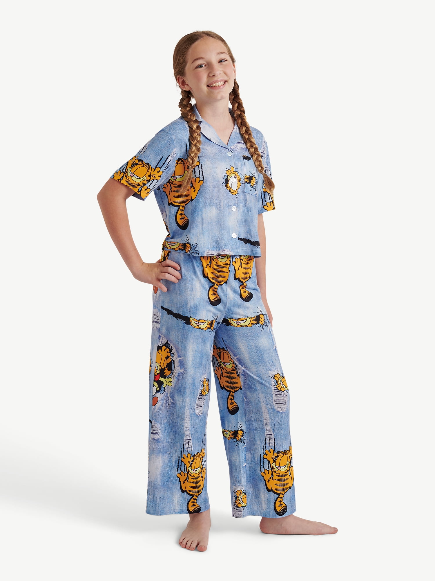Justice Girls Short Sleeve Button Top with Pant Pajama 2-Piece Set, Sizes 5 to 18
