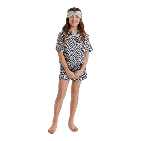 Girls Short Sleeve Button Top, Shorts and Eye Mask Pajama Set, 3-Piece, Sizes 5-18