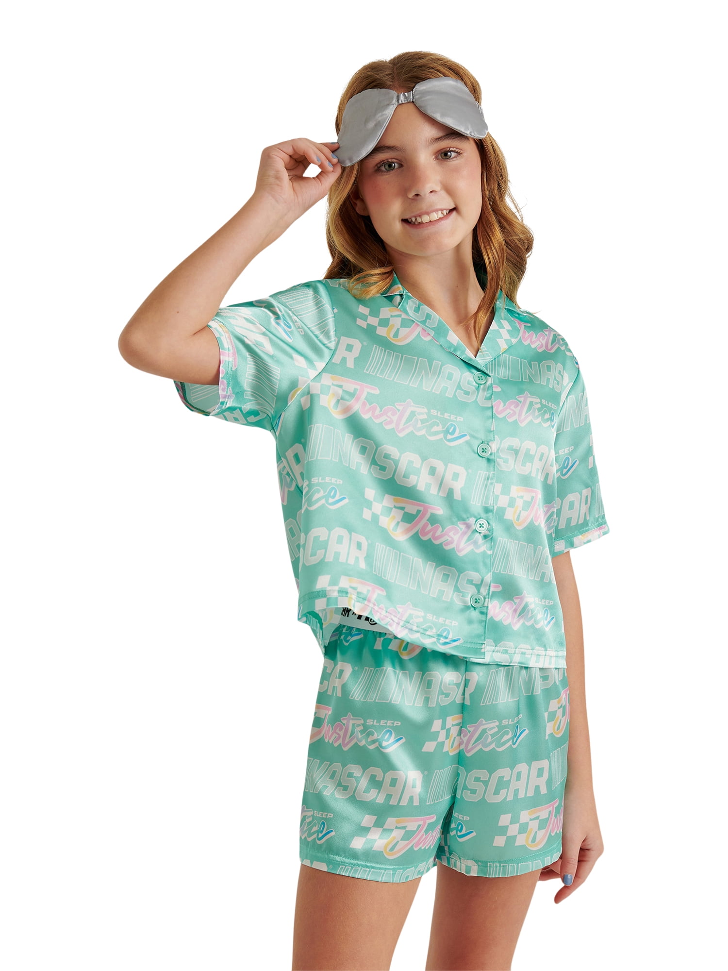 Justice Girls x Nascar Short Sleeve Button Top, Shorts and Eye Mask Pajama Set, 3-Piece, Sizes 5-18
