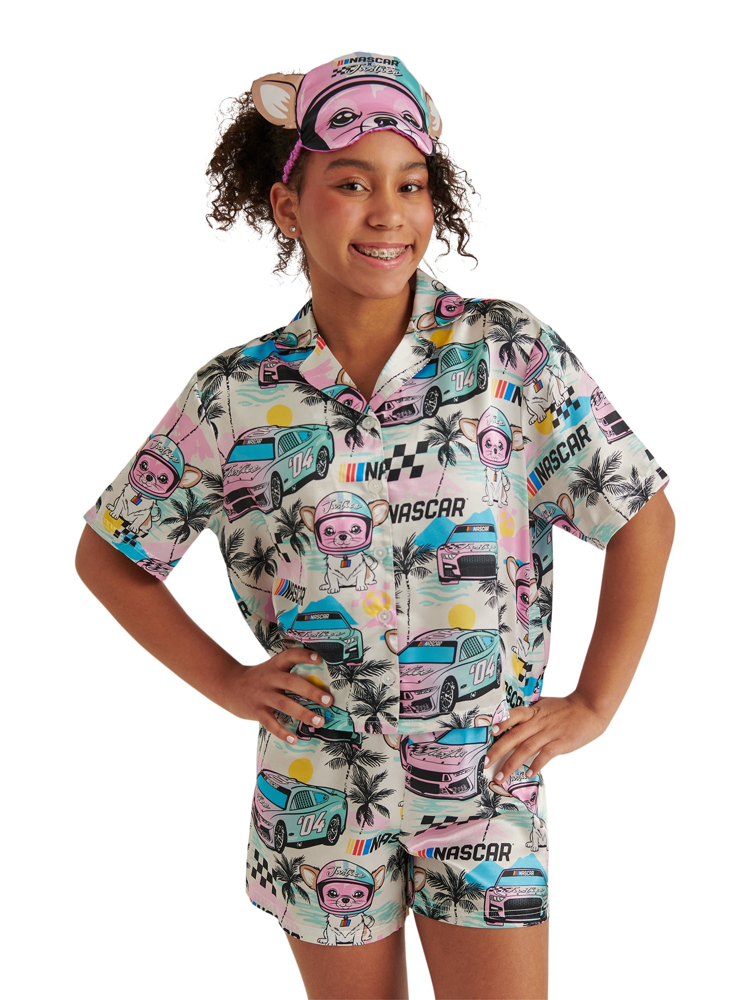 Justice Girls x Nascar Short Sleeve Button Top, Shorts and Eye Mask Pajama Set, 3-Piece, Sizes 5-18