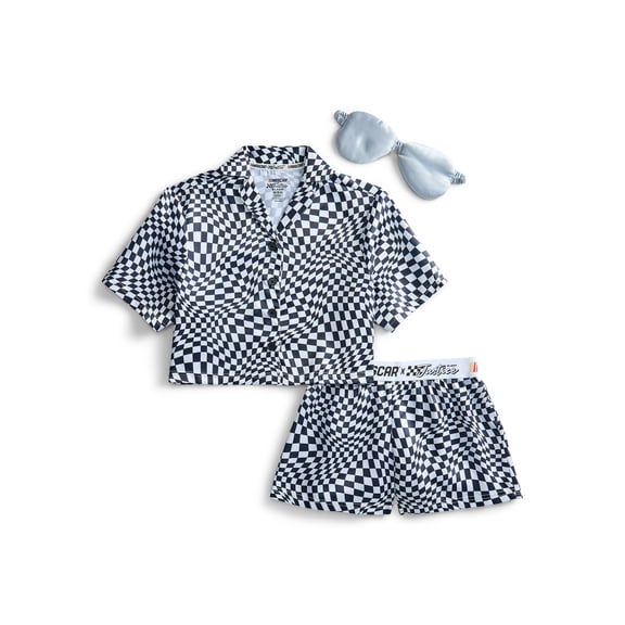 Justice Girls x NASCAR Short Sleeve Button Top, Shorts and Eye Mask Pajama Set, 3-Piece, Sizes 5-18