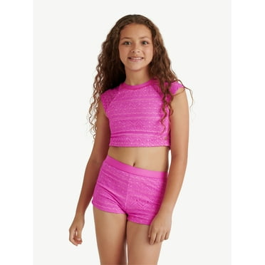 Justice Girls Short Sleeve RashGuard Swimsuit, 2 Piece, Sizes XS-XL
