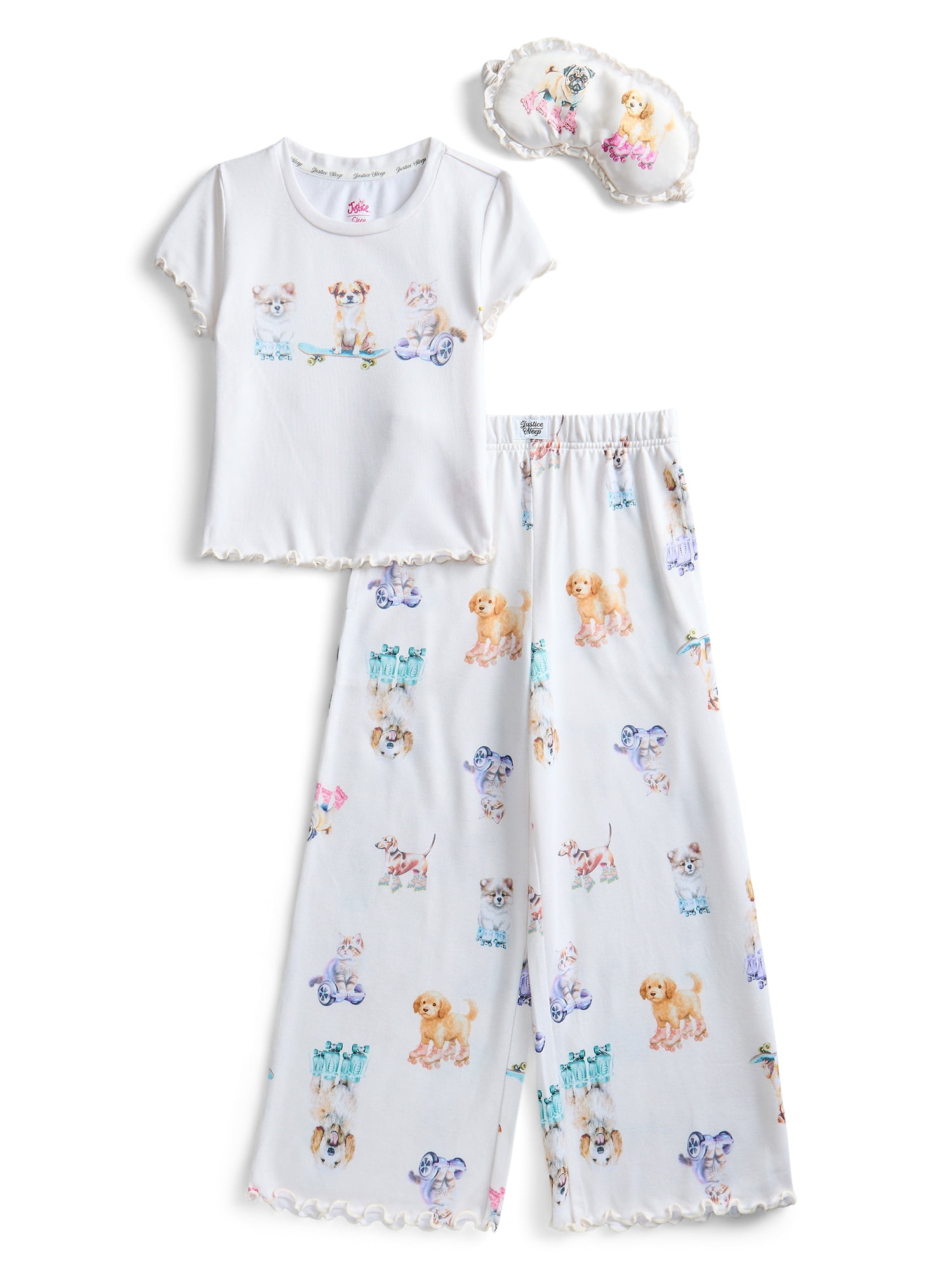 Justice Girls Short Sleeve Tee, Pants and Eye Mask Pajama Set, 3-Piece, Sizes 5-18