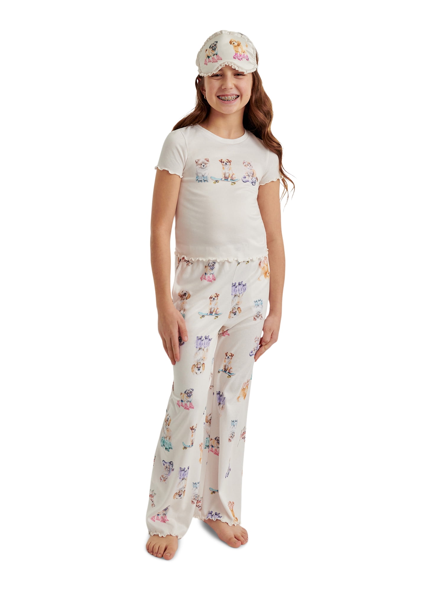 Justice Girls Short Sleeve Tee, Pants and Eye Mask Pajama Set, 3-Piece, Sizes 5-18