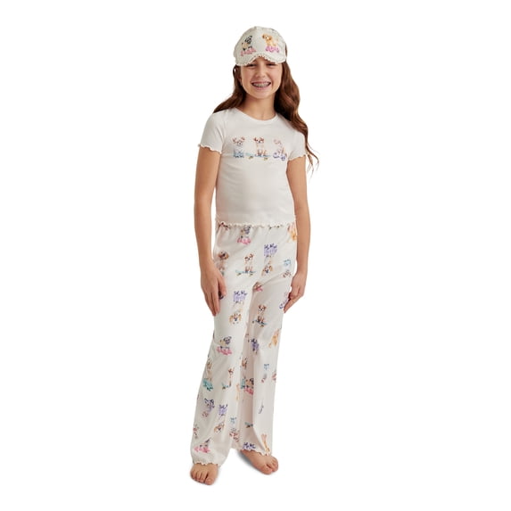 Justice Girls Short Sleeve Tee, Pants and Eye Mask Pajama Set, 3-Piece, Sizes 5-18