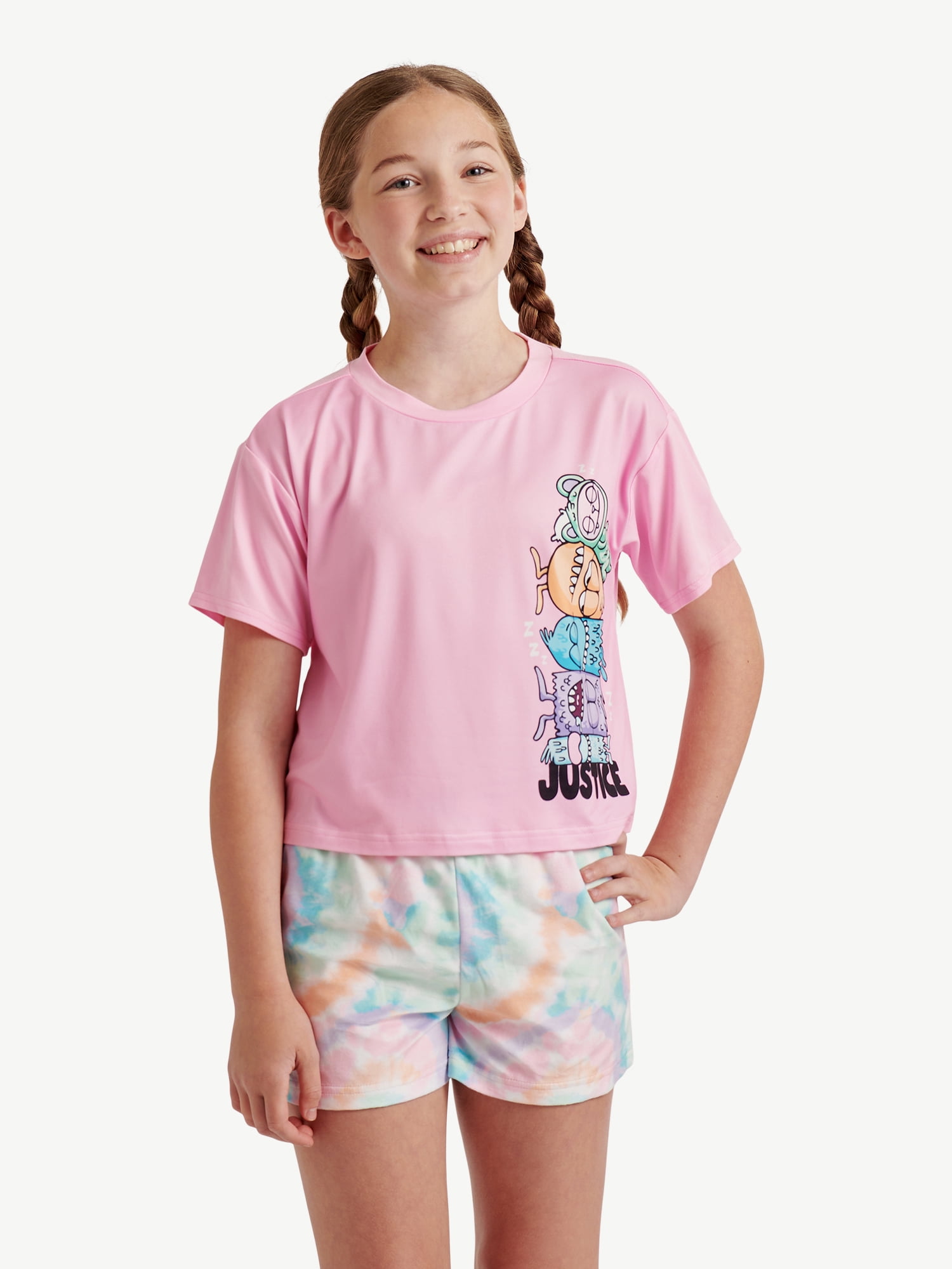 Justice Girls Short Sleeve Tee with Shorts Pajama 2-Piece Set, Sizes 5-18