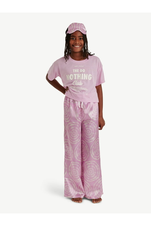 Girls Short Sleeve Top and Pant Pajama Set with Eyemask, 3-piece, Sizes 5-18 & Plus