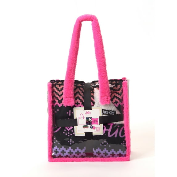 Justice Girls Sleepover Clear Tote Handbag 6-Piece Set Faux Fur Hot Pink