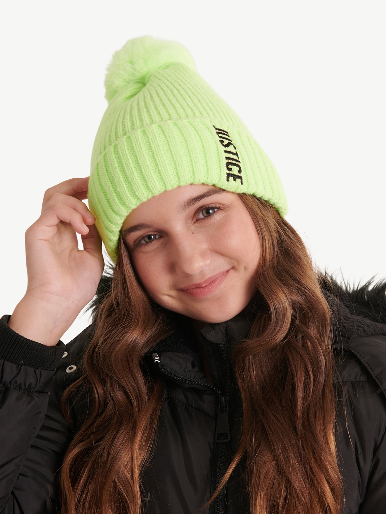 Justice Girls Solid Knit Beanie with Faux Fur Pom 