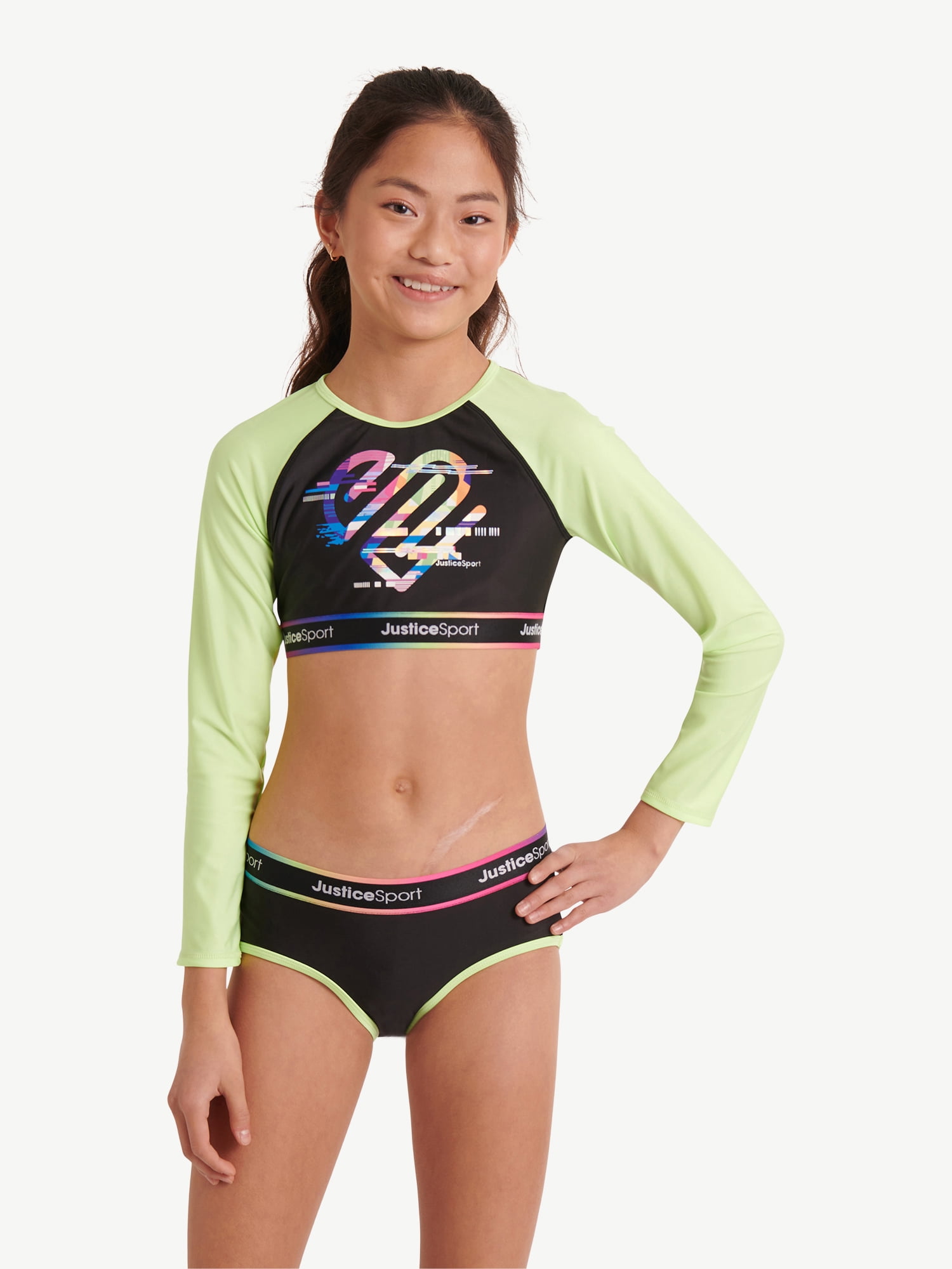 Justice Girls Sport Long Sleeve Rashguard Swimsuit Set Sizes 5 18 Walmart