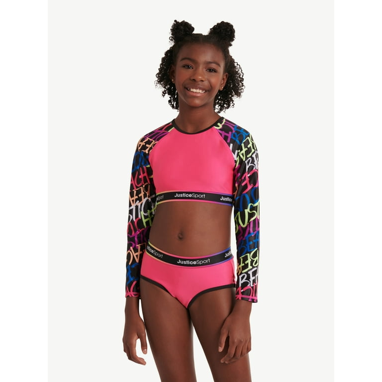Justice Girls Sport Long Sleeve Rashguard Swimsuit Set, Sizes 5-18