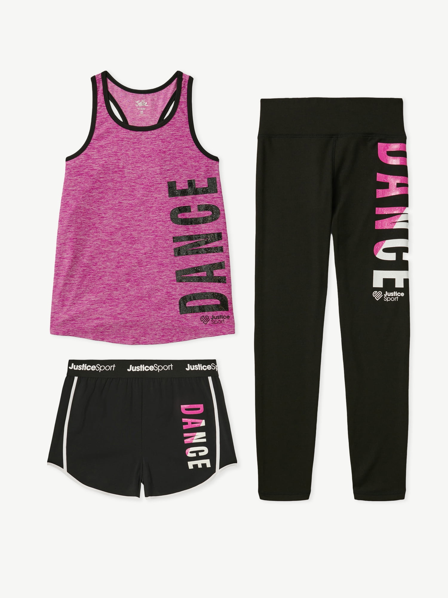 Justice Girls Sporty Tank Top, Shorts and Leggings Set, 3Piece, Sizes