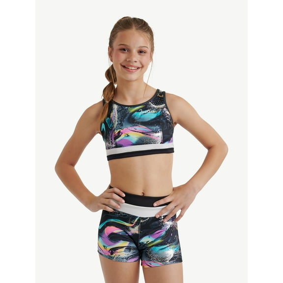 Justice Reversible Racerback Sports Bra for Girls with Swirl Print, Sizes XS-XL