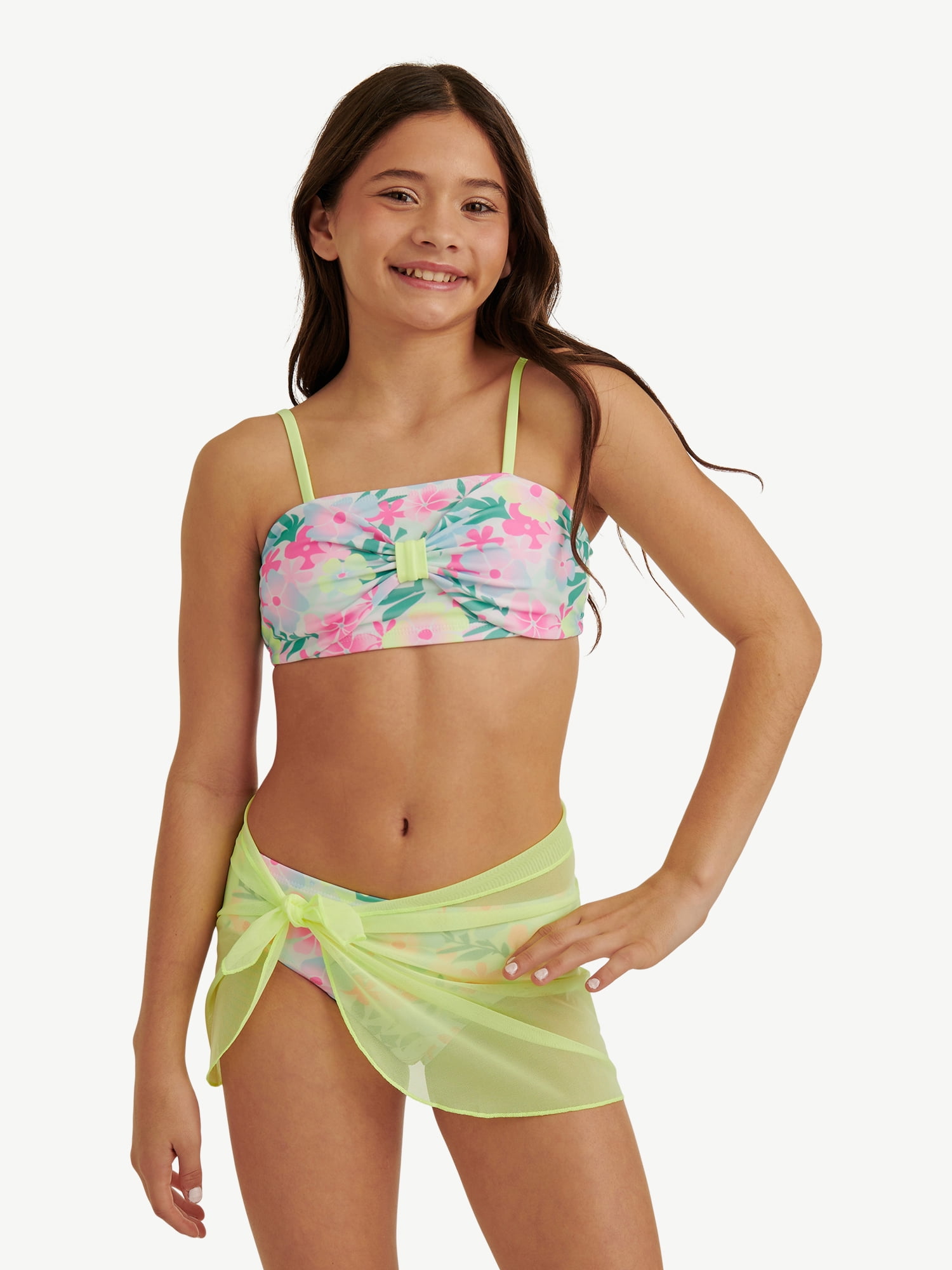 Justice Girls Three Piece Bikini Set with Coverup Sarong Swimsuit, sizes XS-XL