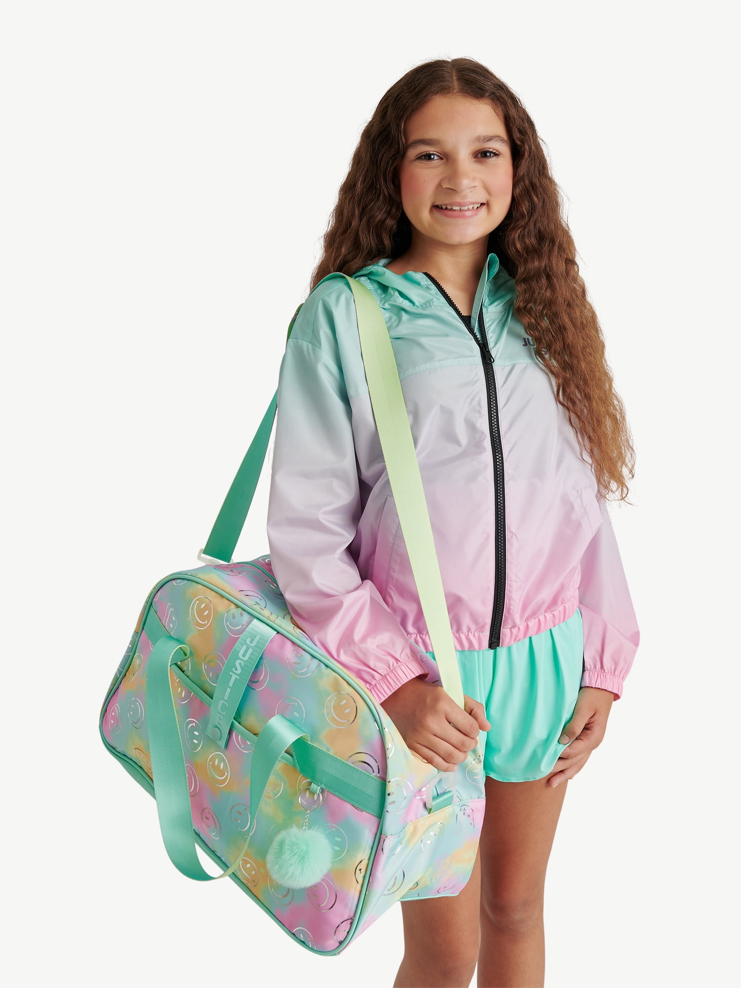 Justice Girls Tie Dye Smiley Print Duffel Bag with Pom Keychain