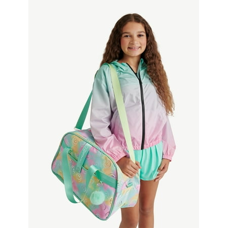 Justice Girls Tie Dye Smiley Print Duffel Bag with Pom Keychain