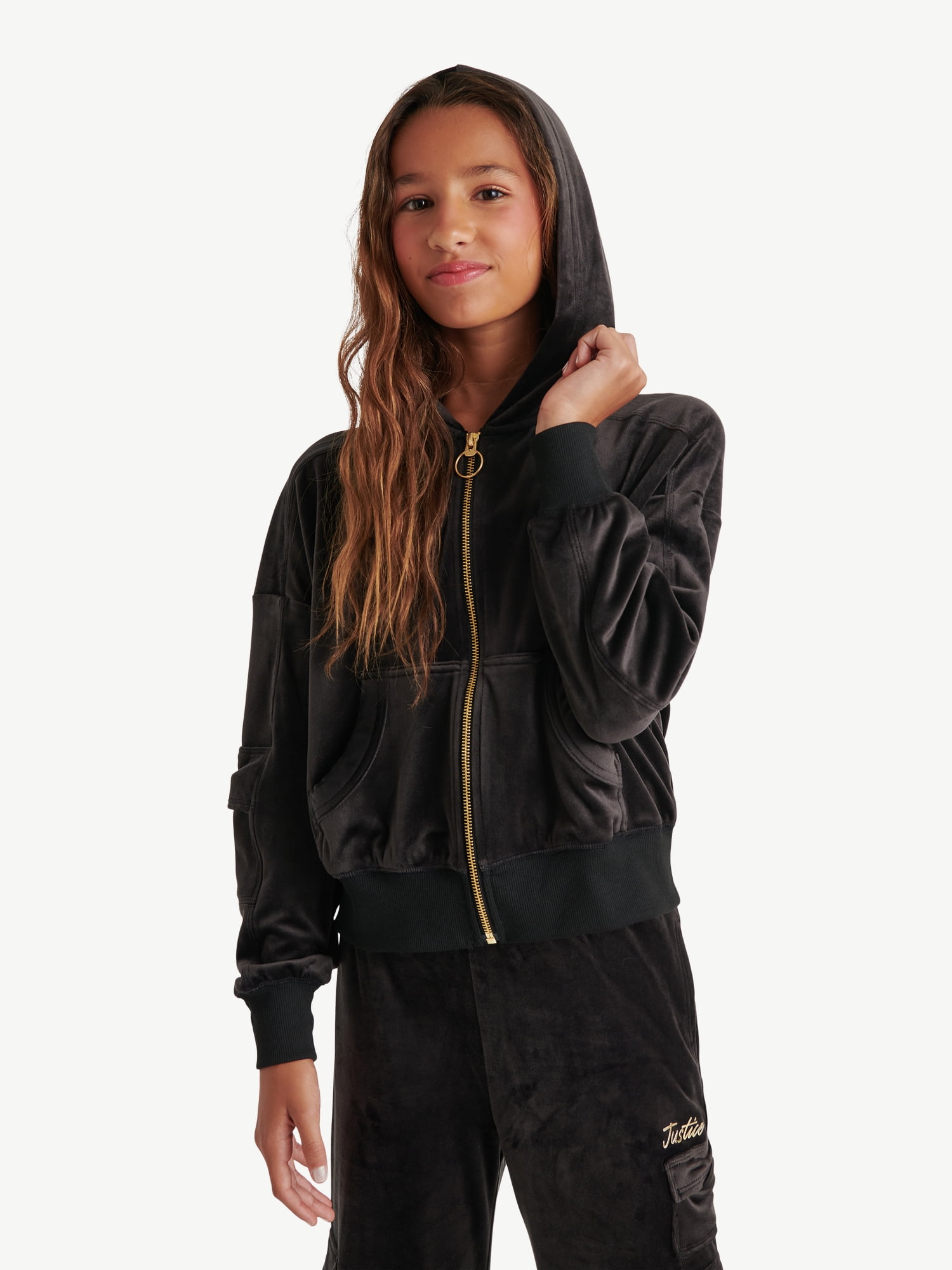 Justice Girls Velour Cargo Pocket Full Zip Hoodie, Sizes XS-XLP