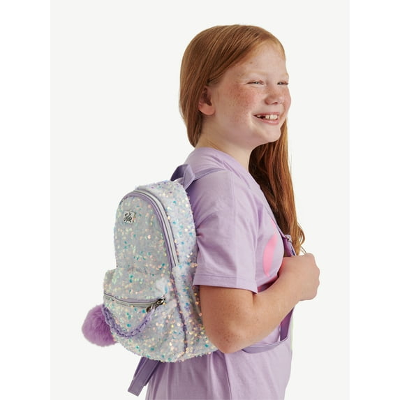 Justice Girls Velvet Sequin Mini Backpack with Front Chain Detail and Pom Keychain, White