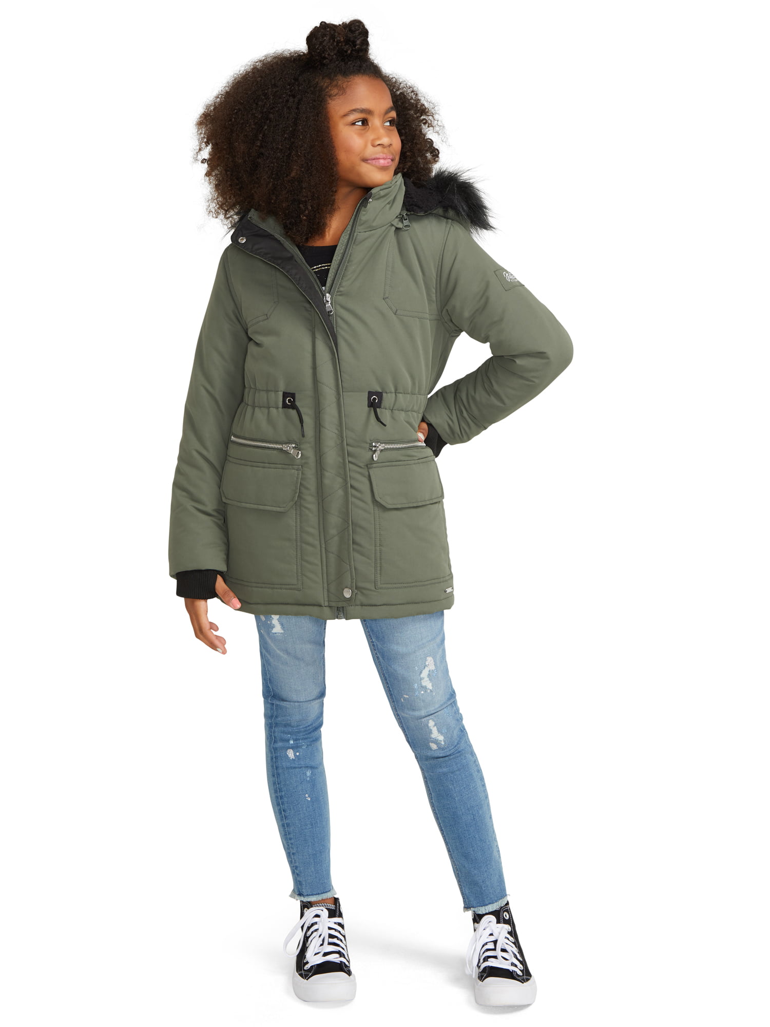 Pile-Lined Faux Canvas Water-Resistant Girls 5-18 with Fur Parka Justice Hood, Jacket Sizes