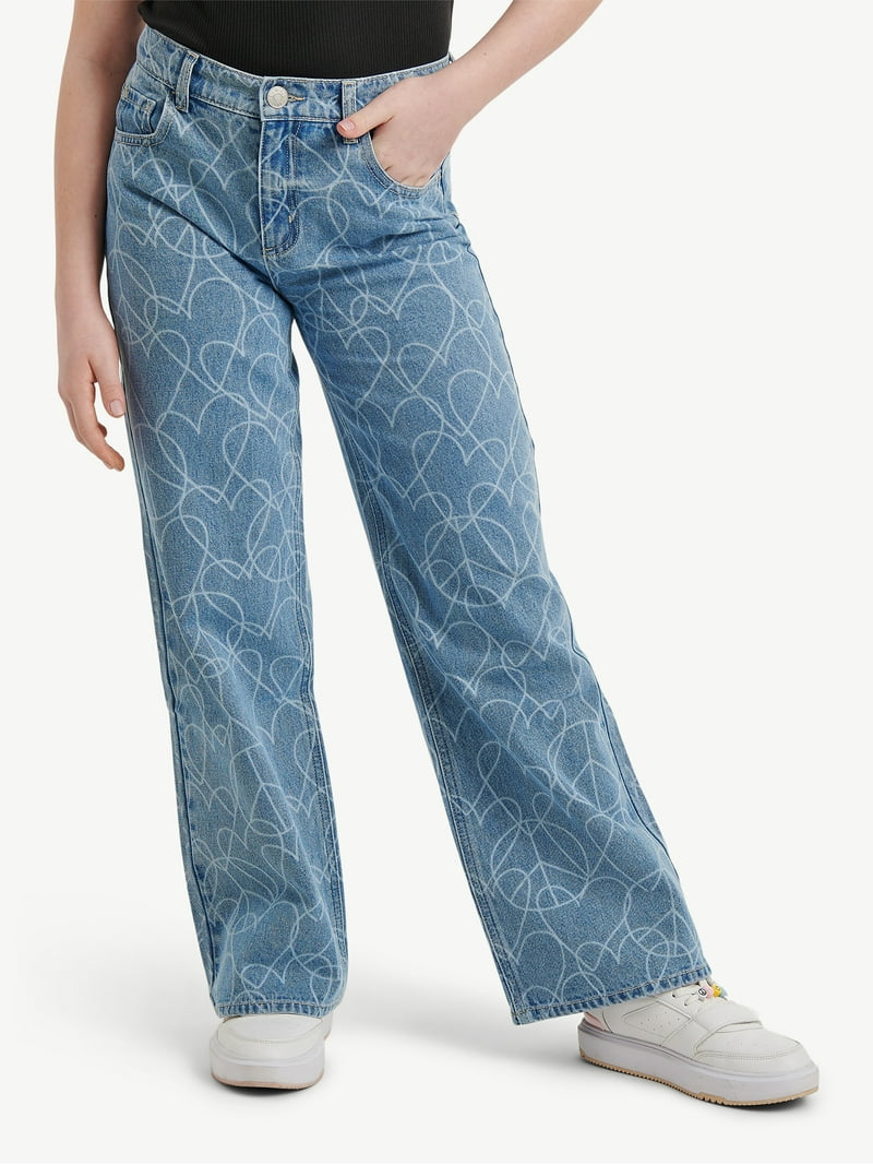 Justice Girls Wide Leg Jean with Heart and Peace Signs, Sizes 6-18