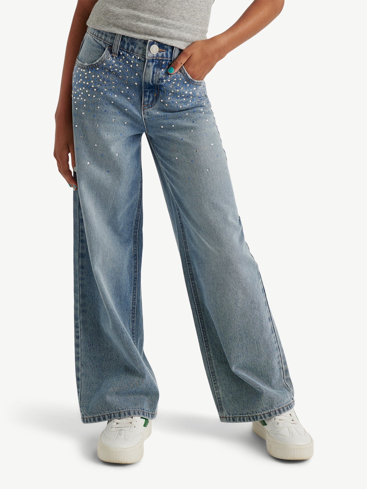 Justice Girls Wide Leg w/ Rhinestones Jeans, Sizes 6-18, Slim & Plus